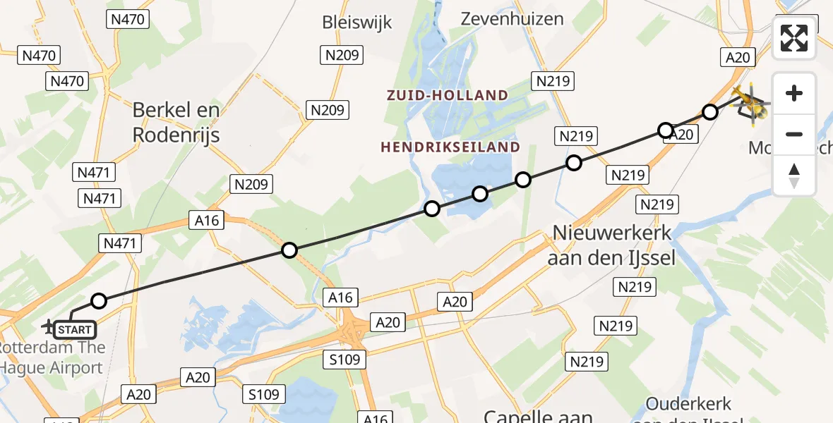 Vluchtroute Traumahelikopter van Rotterdam The Hague Airport naar Moordrecht