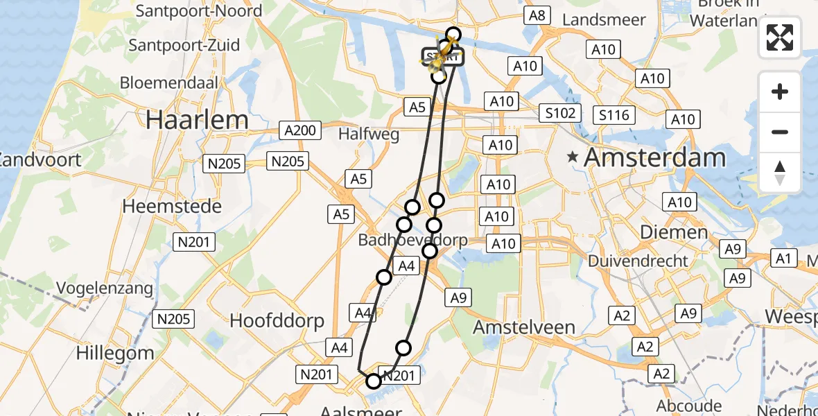 Vluchtroute Traumahelikopter van Amsterdam Heliport naar Amsterdam Heliport