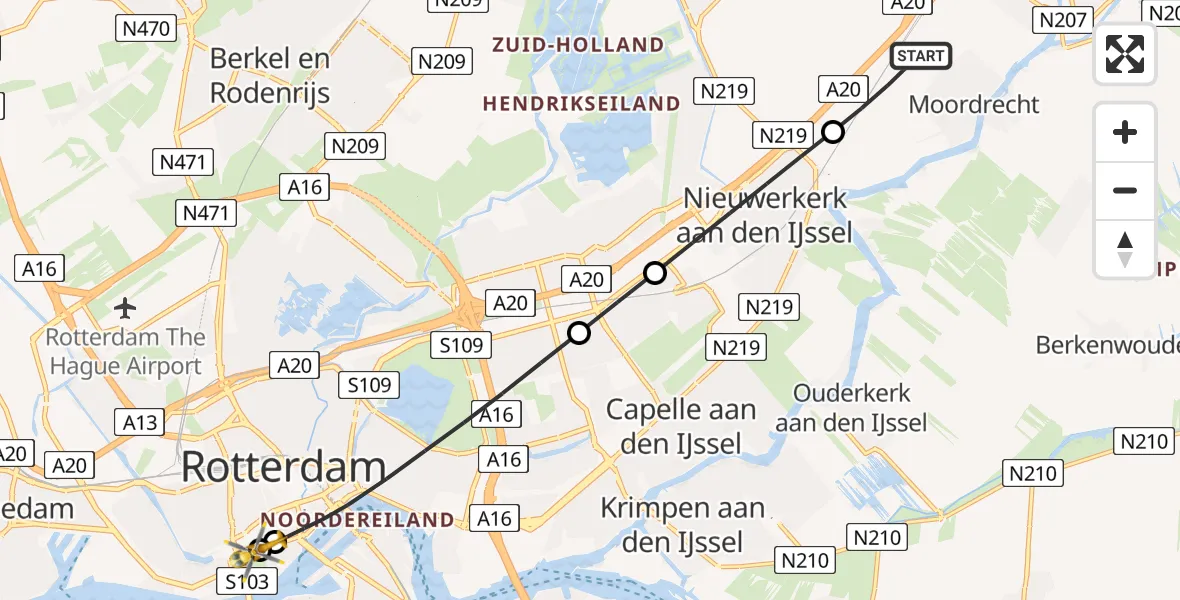 Vluchtroute Traumahelikopter van Moordrecht naar Leids Universitair Medisch Centrum (LUMC)