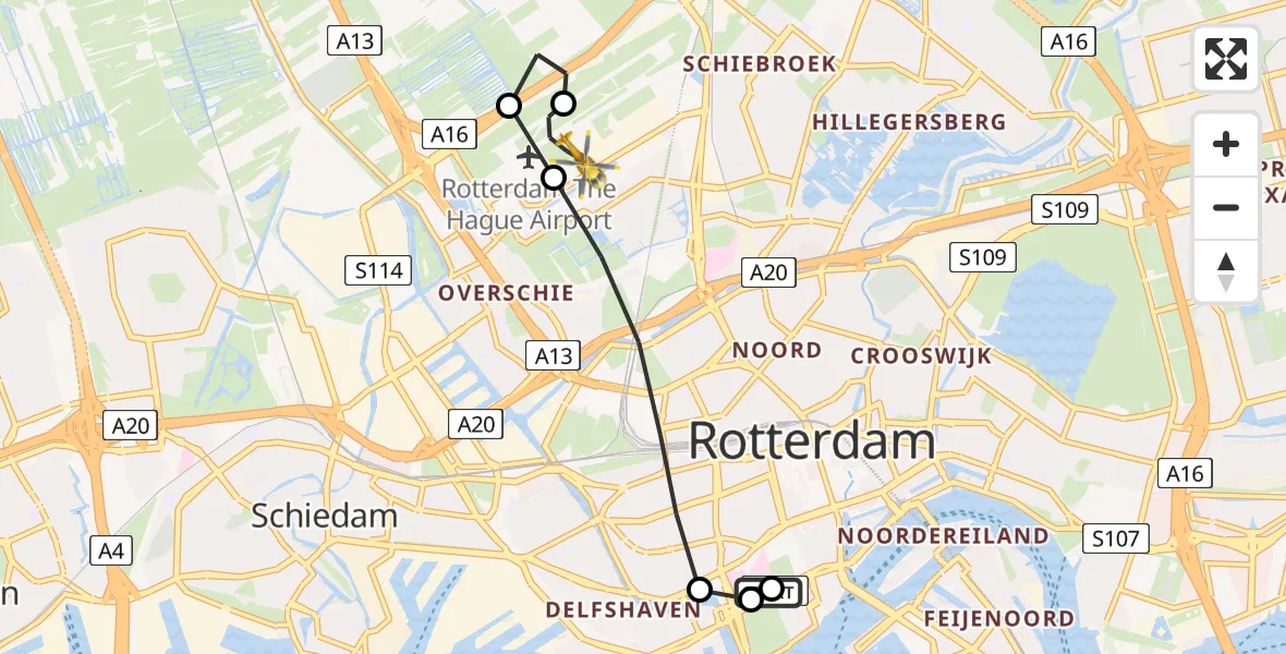 Vluchtroute Traumahelikopter van Leids Universitair Medisch Centrum (LUMC) naar Rotterdam The Hague Airport
