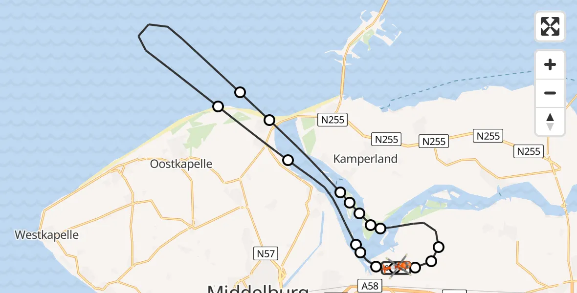 Routekaart van de vlucht: Kustwachthelikopter naar Vliegveld Midden-Zeeland