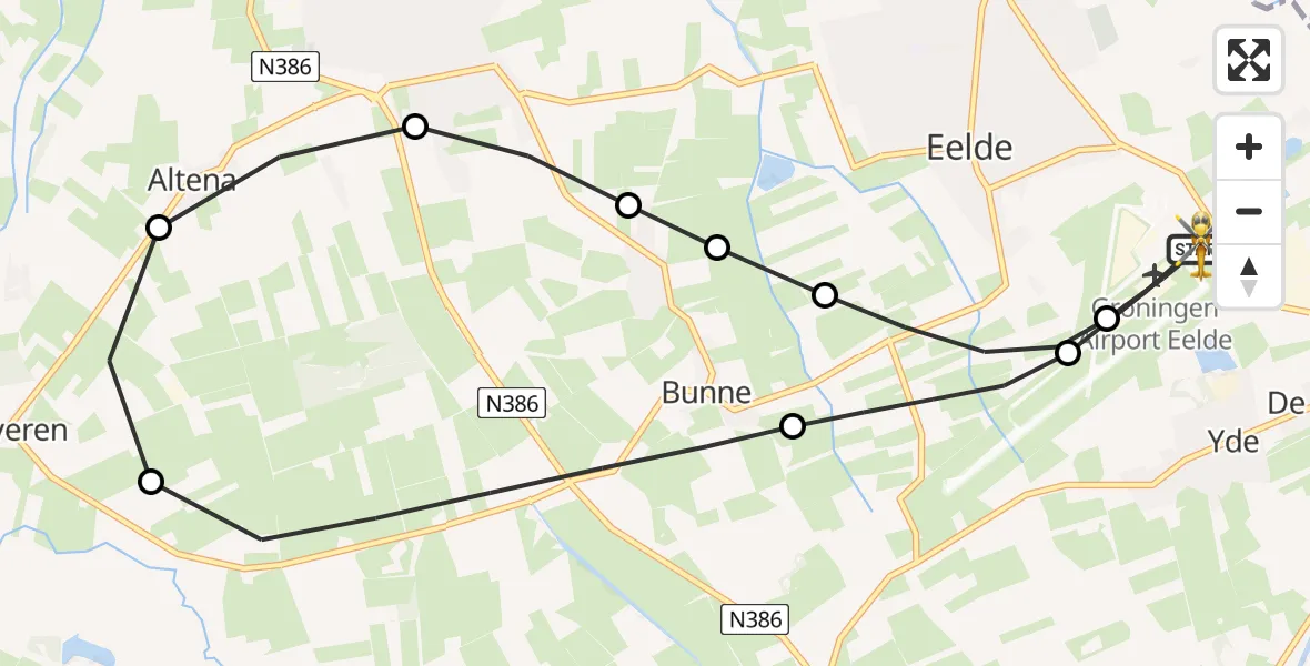 Vluchtroute Traumahelikopter van Groningen Airport Eelde naar Groningen Airport Eelde