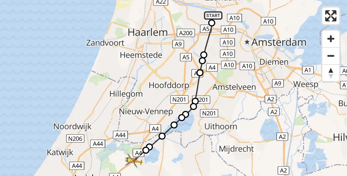 Vluchtroute Traumahelikopter Amsterdam Heliport - Roelofarendsveen, 03 maart 2026, 06:18