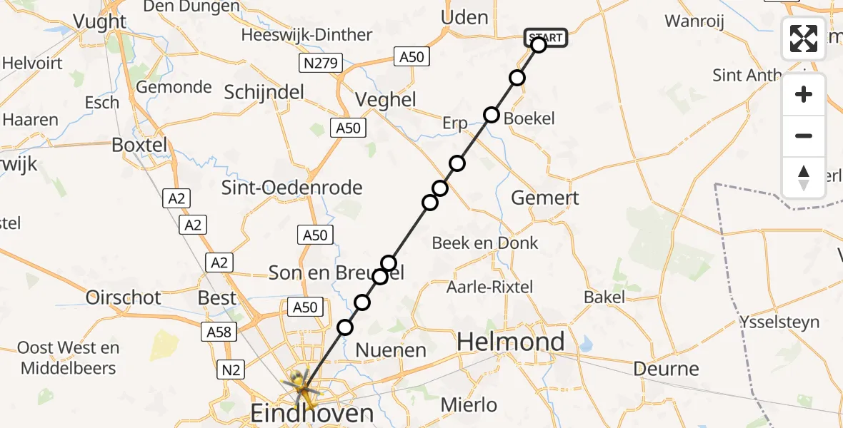 Vluchtroute Traumahelikopter van Vliegbasis Volkel naar Eindhoven