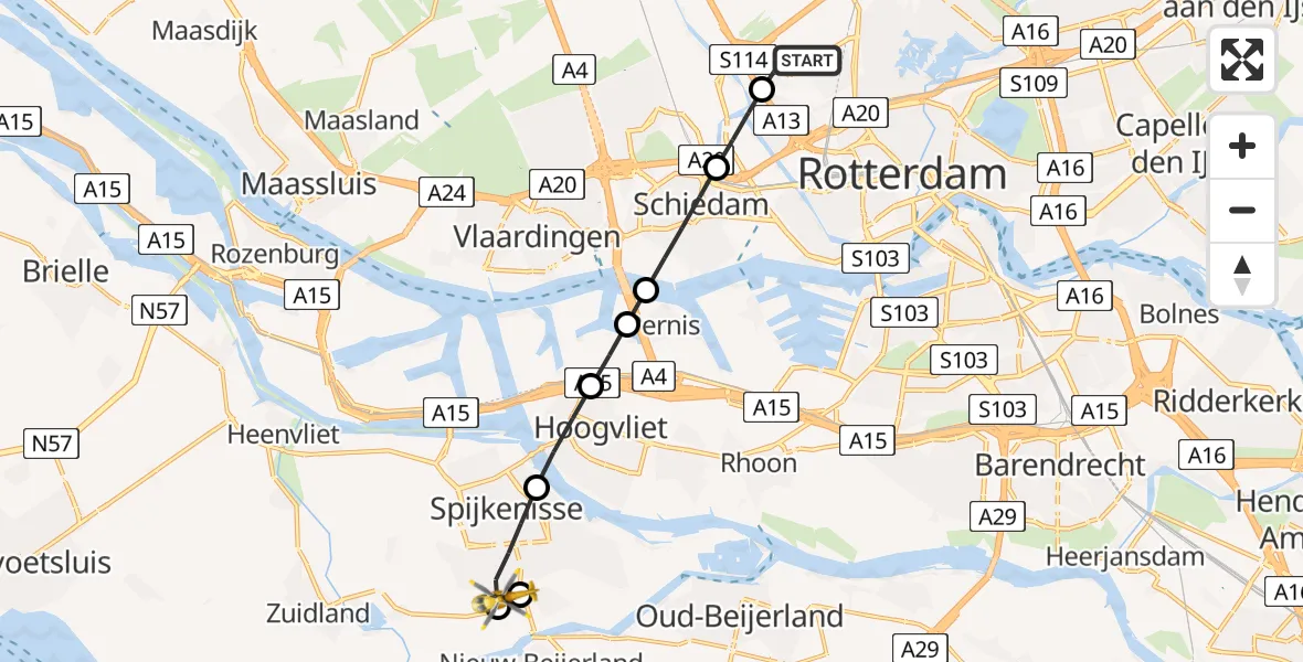 Vluchtroute Traumahelikopter van Rotterdam The Hague Airport naar Spijkenisse