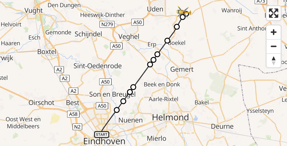 Vluchtroute Traumahelikopter van Eindhoven naar Vliegbasis Volkel