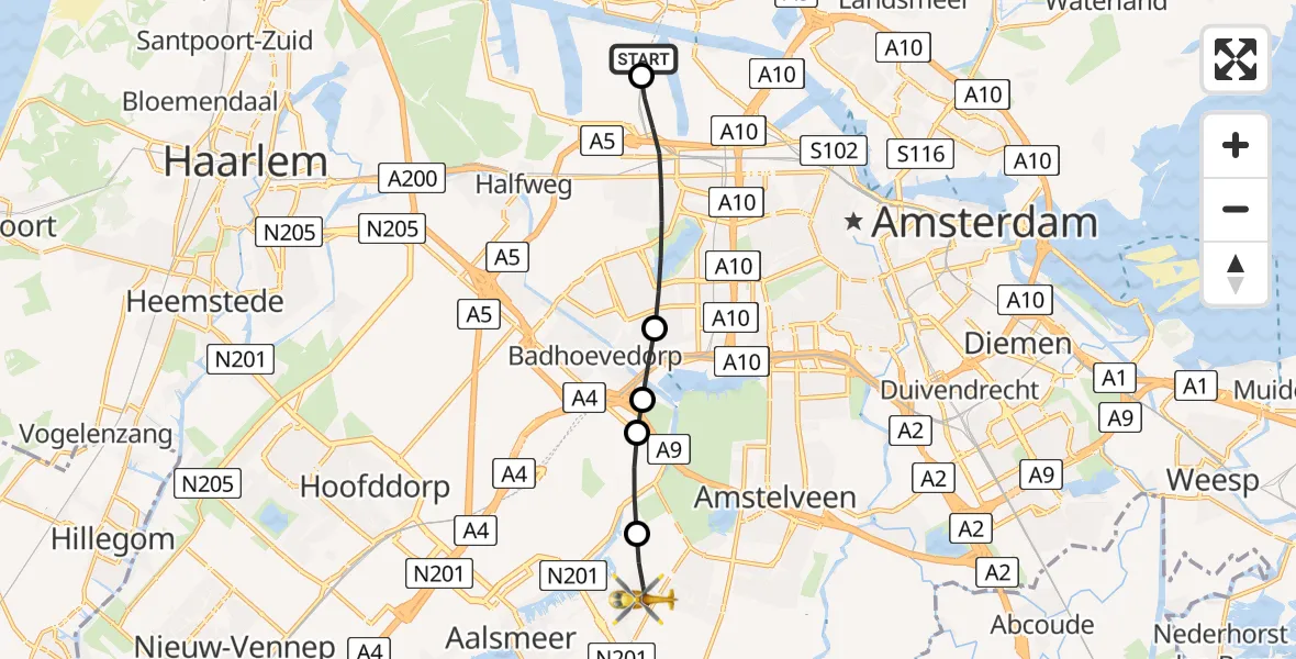 Vluchtroute Traumahelikopter van Amsterdam Heliport naar Aalsmeer