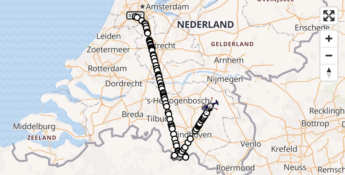 Vluchtroute Politiehelikopter Amsterdam Vliegveld Schiphol - Vliegbasis Volkel, 03 maart 2026, 08:07