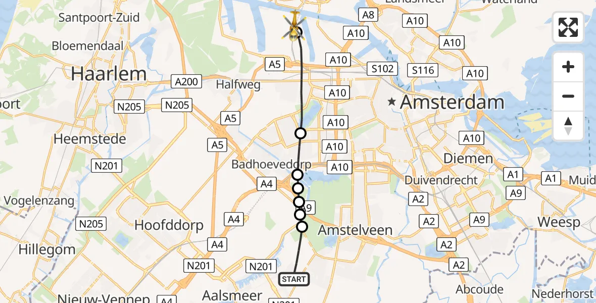 Routekaart van de vlucht: Lifeliner 1 naar Amsterdam Heliport
