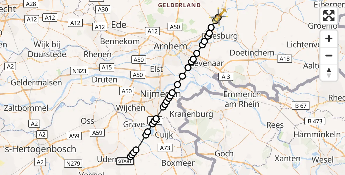 Vluchtroute Traumahelikopter van Vliegbasis Volkel naar Leuvenheim