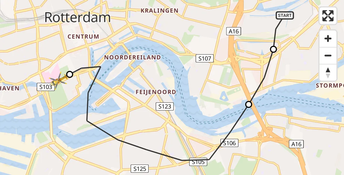 Vluchtroute Traumahelikopter van Rotterdam naar Leids Universitair Medisch Centrum (LUMC)