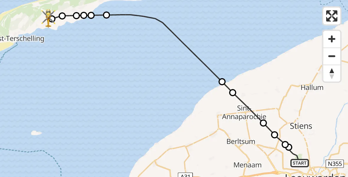 Vluchtroute Ambulancehelikopter van Vliegbasis Leeuwarden naar Terschelling Heliport