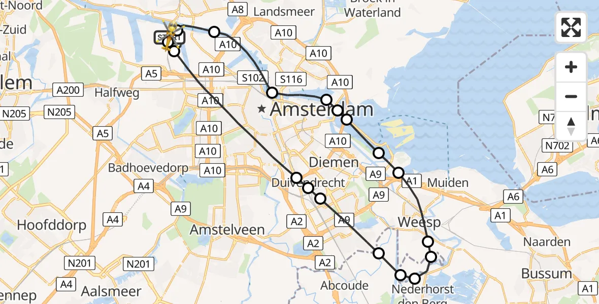 Vluchtroute Traumahelikopter van Amsterdam Heliport naar Amsterdam Heliport