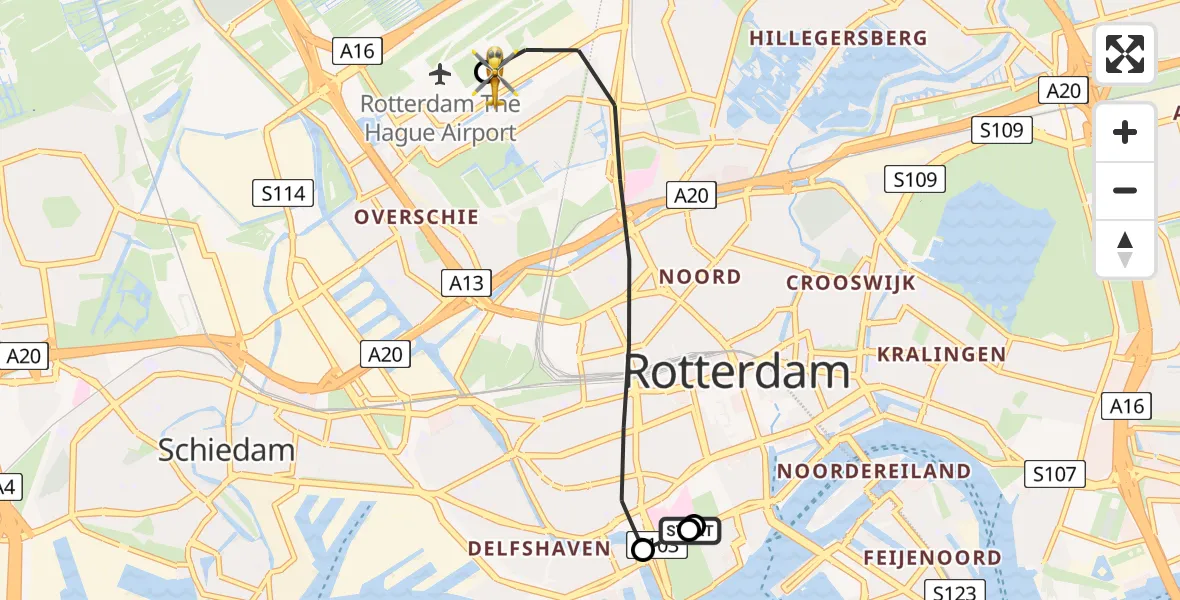Vluchtroute Traumahelikopter van Leids Universitair Medisch Centrum (LUMC) naar Rotterdam The Hague Airport