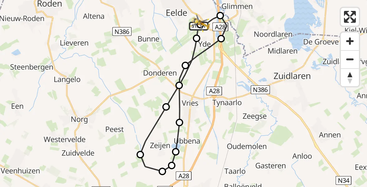 Vluchtroute Traumahelikopter van Groningen Airport Eelde naar Groningen Airport Eelde
