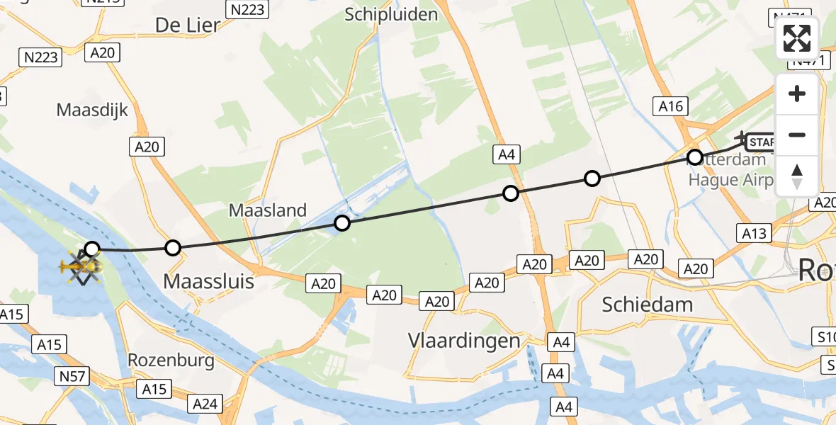 Vluchtroute Traumahelikopter van Rotterdam The Hague Airport naar Rozenburg