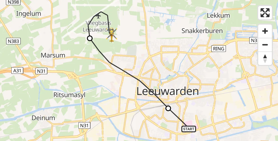 Vluchtroute Ambulancehelikopter van Leeuwarden Medical Center Heliport naar Vliegbasis Leeuwarden