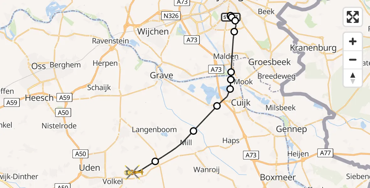 Vluchtroute Traumahelikopter van Radboud Universitair Medisch Centrum naar Vliegbasis Volkel
