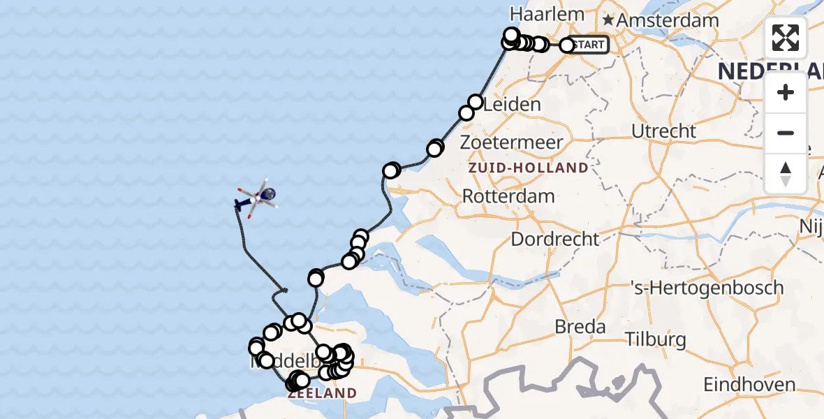 Vluchtroute Politiehelikopter van Amsterdam Vliegveld Schiphol naar Noordzee