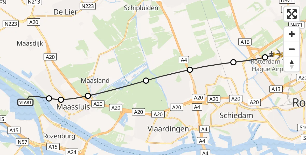 Vluchtroute Traumahelikopter van Rozenburg naar Rotterdam The Hague Airport
