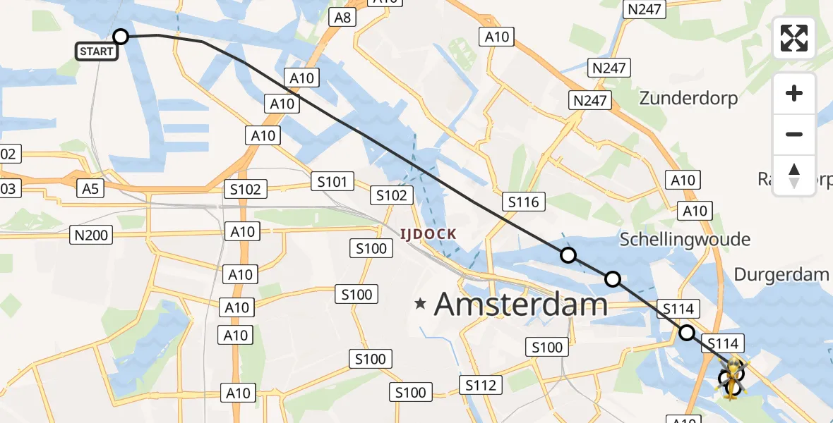 Vluchtroute Traumahelikopter van Amsterdam Heliport naar Amsterdam