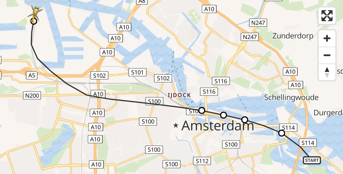 Vluchtroute Traumahelikopter van IJmeer naar Amsterdam Heliport