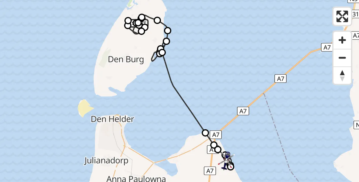 Vluchtroute Politiehelikopter van Texel International Airport naar Wieringerwerf