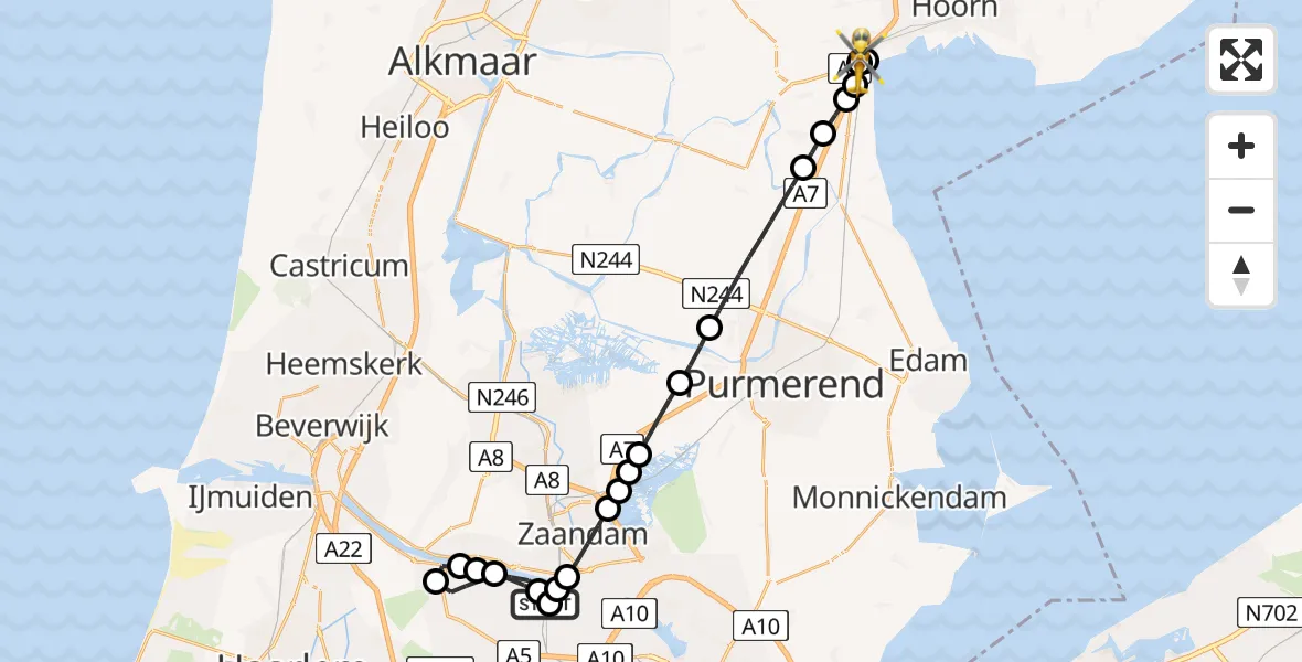 Vluchtroute Traumahelikopter Amsterdam Heliport - Berkhout, 03 maart 2026, 13:11