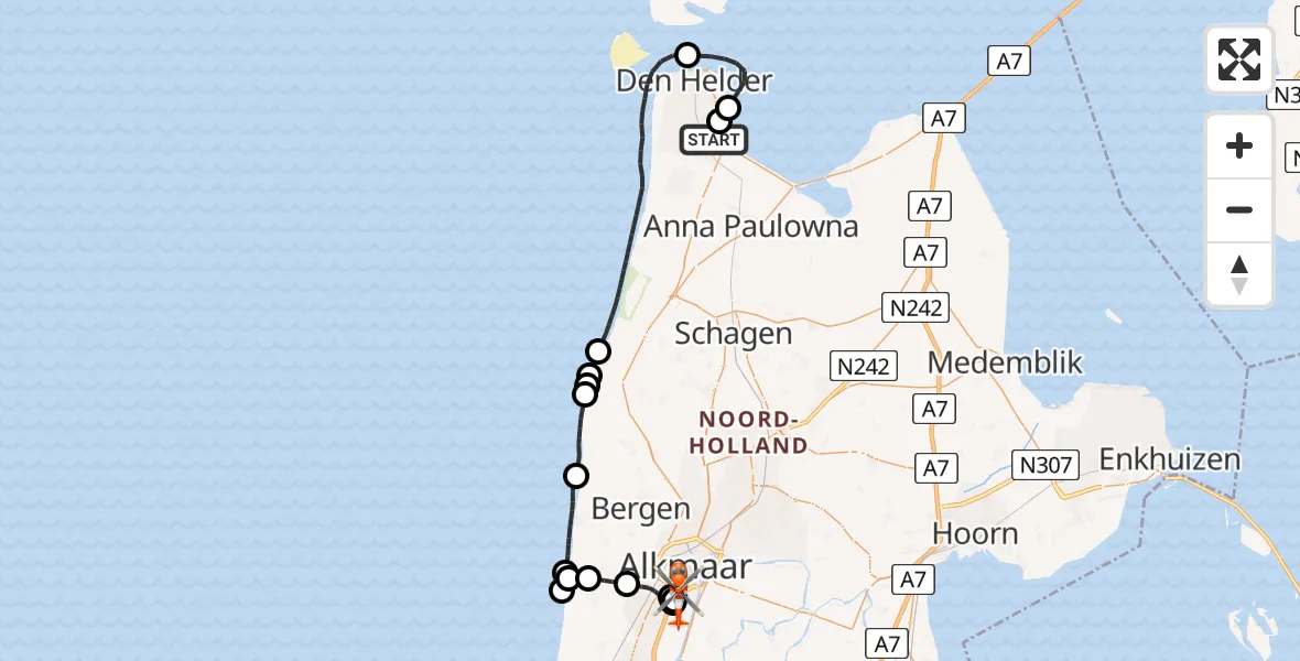 Vluchtroute Kustwachthelikopter van Militair vliegveld De Kooy / Den Helder Airport naar Alkmaar
