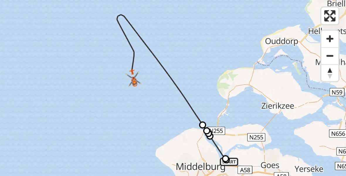 Vluchtroute Kustwachthelikopter van Vliegveld Midden-Zeeland naar Noordzee