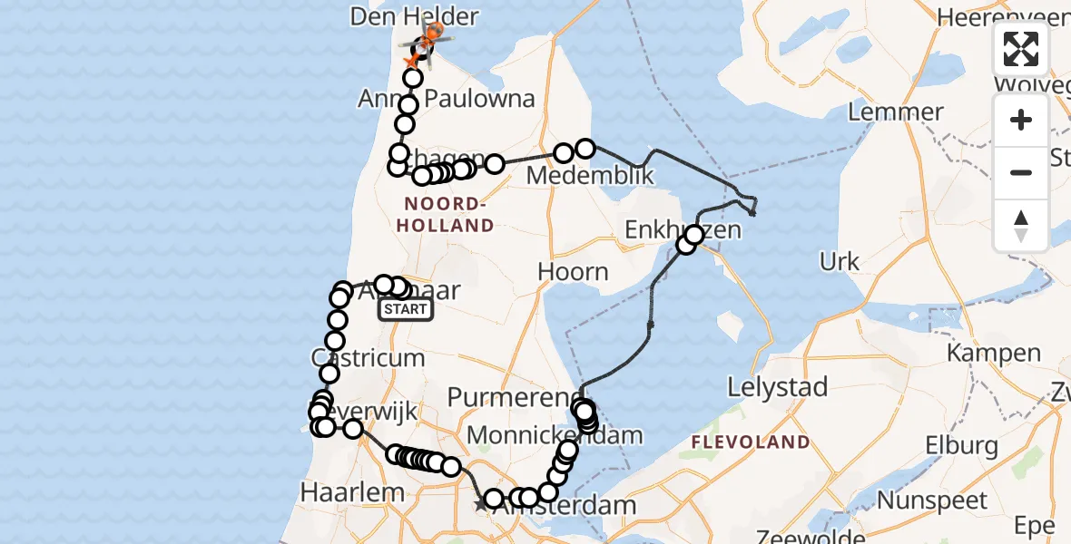 Routekaart van de vlucht: Kustwachthelikopter naar Militair vliegveld De Kooy / Den Helder Airport