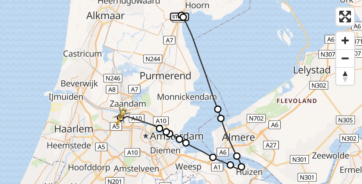 Routekaart van de vlucht: Lifeliner 1 naar Amsterdam Heliport