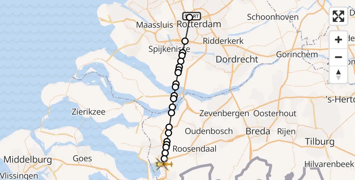 Vluchtroute Traumahelikopter van Rotterdam The Hague Airport naar Bergen op Zoom