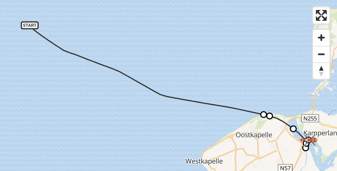 Routekaart van de vlucht: Kustwachthelikopter naar Kamperland, Reigerlaan