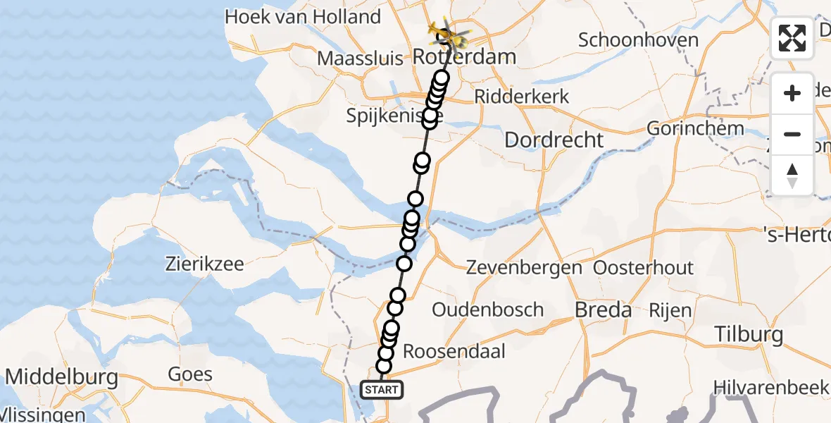 Vluchtroute Traumahelikopter van Bergen op Zoom naar Rotterdam The Hague Airport