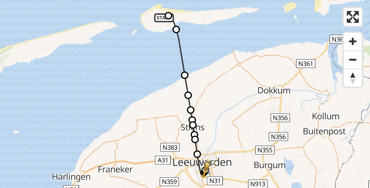 Vluchtroute Ambulancehelikopter van Ameland Vliegveld Ballum naar Leeuwarden Medical Center Heliport