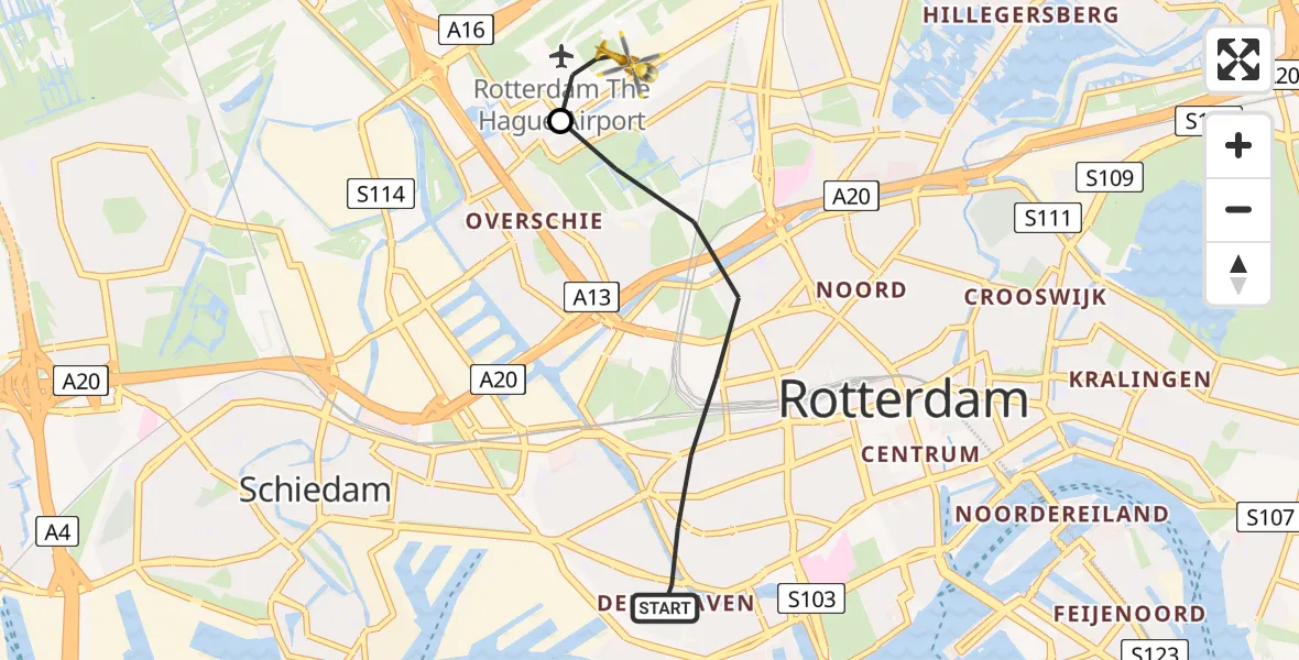 Vluchtroute Traumahelikopter van Rotterdam naar Rotterdam The Hague Airport