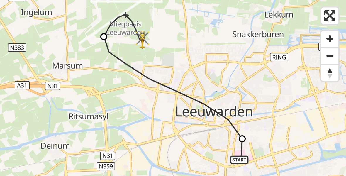 Routekaart van de vlucht: Ambulancehelikopter naar Vliegbasis Leeuwarden