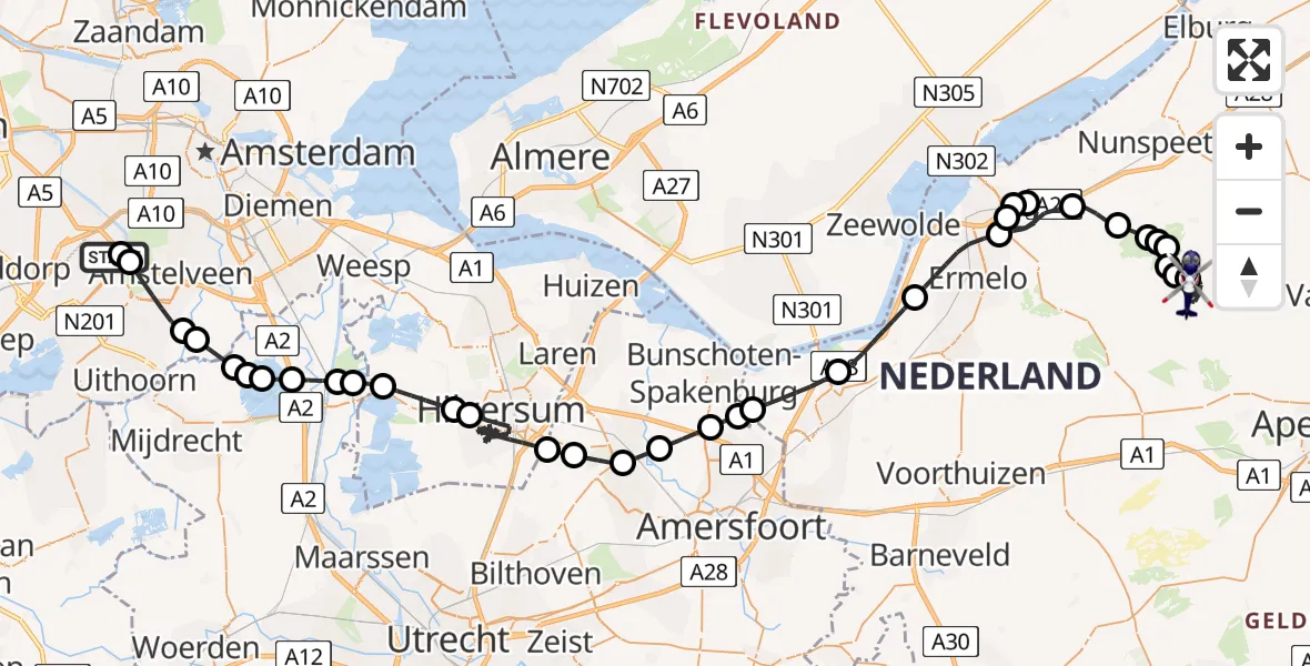 Vluchtroute Politiehelikopter van Amsterdam Vliegveld Schiphol naar Elspeet