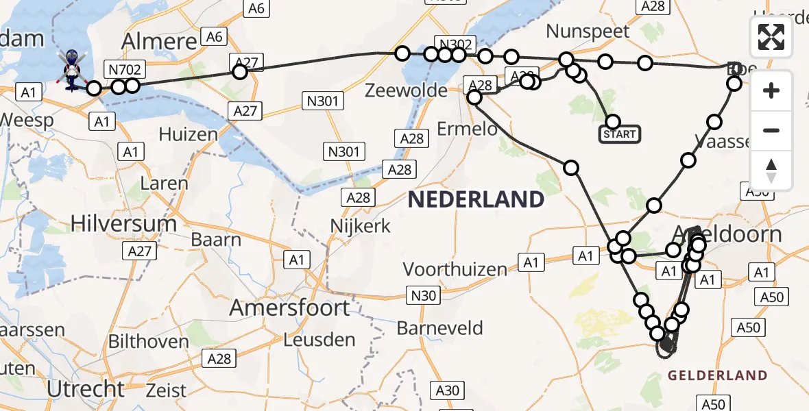 Routekaart van de vlucht: Politiehelikopter naar Muiden