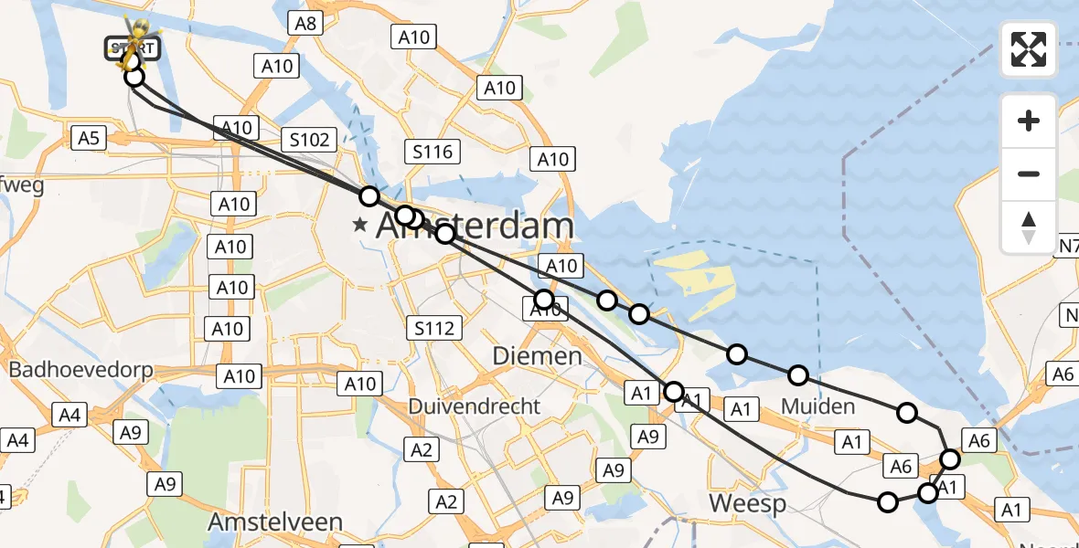 Vluchtroute Traumahelikopter van Amsterdam Heliport naar Amsterdam Heliport