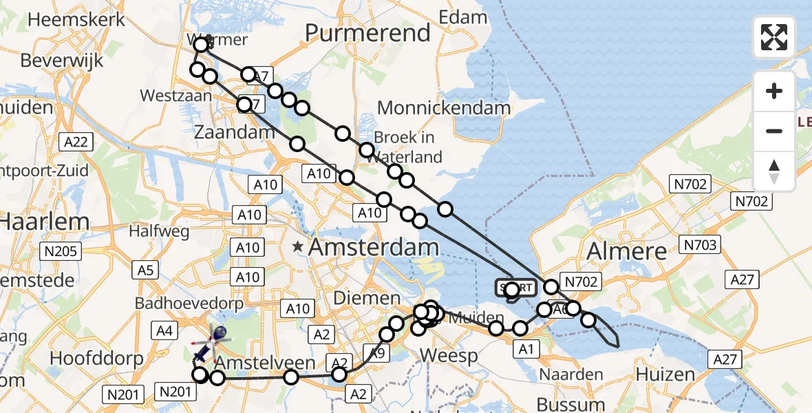 Routekaart van de vlucht: Politiehelikopter naar Amsterdam Vliegveld Schiphol