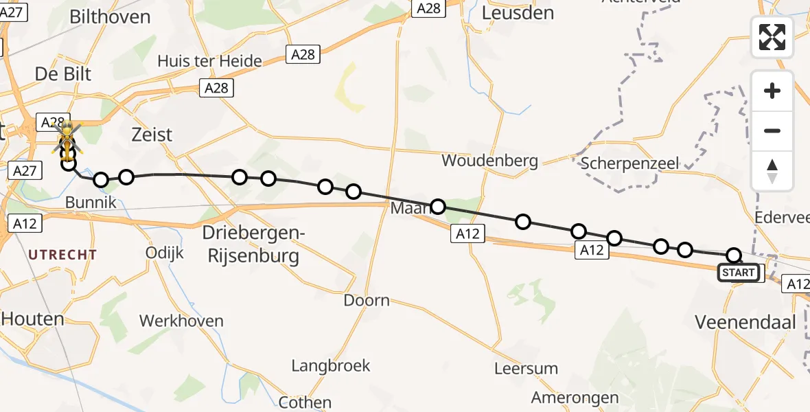 Vluchtroute Traumahelikopter van Veenendaal naar Universitair Medisch Centrum Utrecht