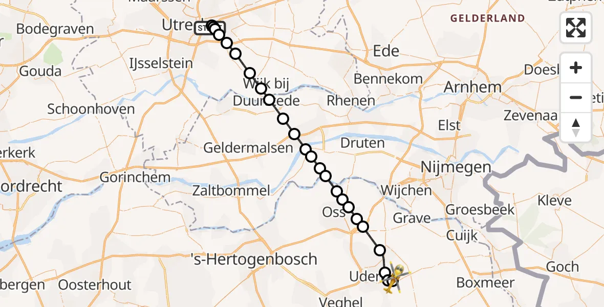 Vluchtroute Traumahelikopter van Universitair Medisch Centrum Utrecht naar Vliegbasis Volkel
