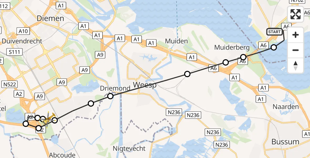 Vluchtroute Traumahelikopter van Almere naar Amsterdam UMC Helipad