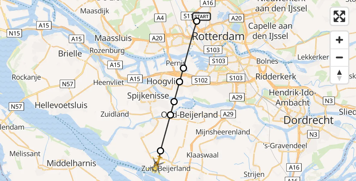 Vluchtroute Traumahelikopter van Rotterdam The Hague Airport naar Zuid-Beijerland