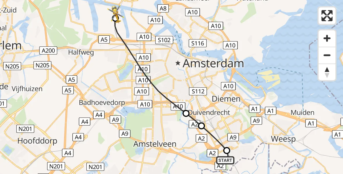 Vluchtroute Traumahelikopter van Amsterdam UMC Helipad naar Amsterdam Heliport