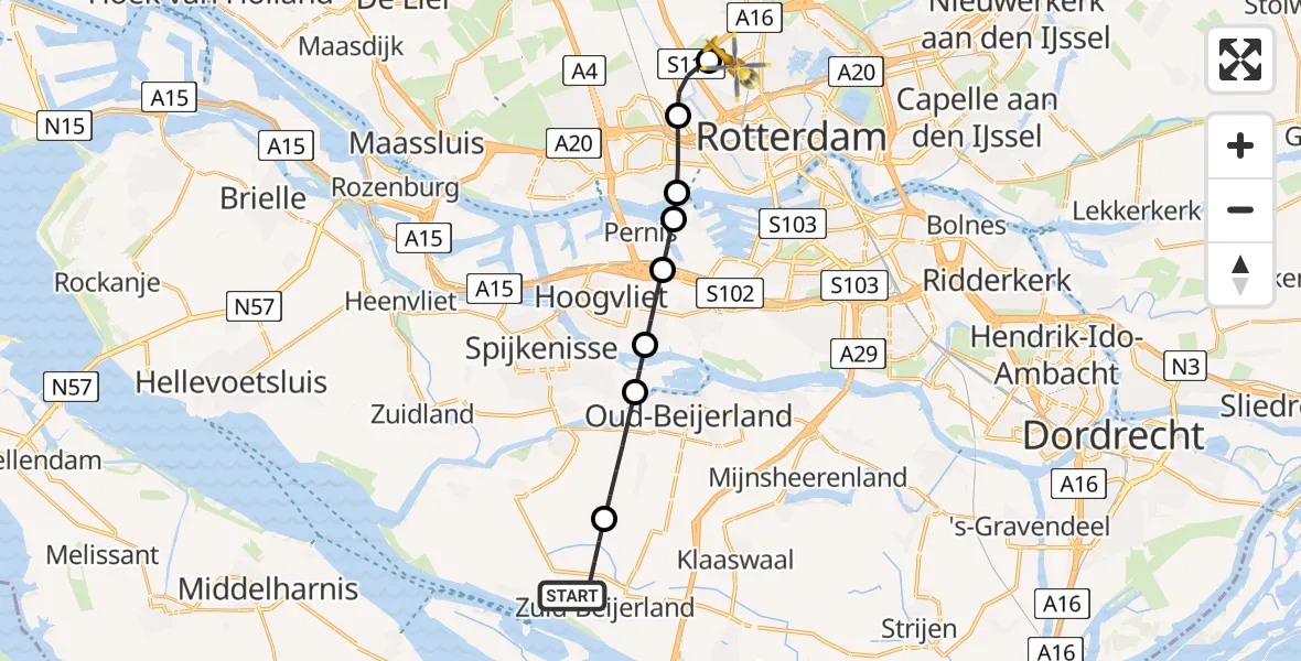 Vluchtroute Traumahelikopter van Zuid-Beijerland naar Rotterdam The Hague Airport
