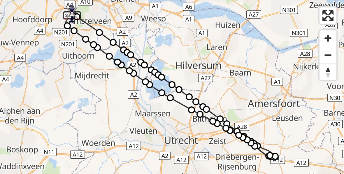 Vluchtroute Politiehelikopter van Amsterdam Vliegveld Schiphol naar Amsterdam Vliegveld Schiphol