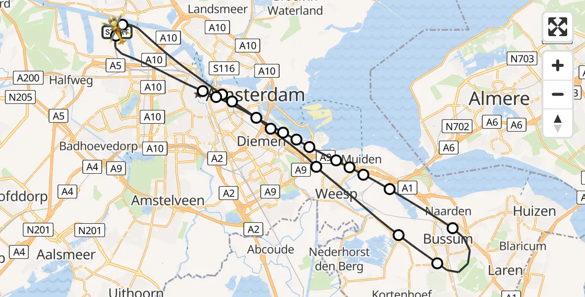 Vluchtroute Traumahelikopter van Amsterdam Heliport naar Amsterdam Heliport
